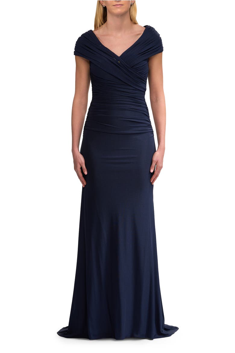 Off the Shoulder Ruched Net Jersey Evening Dress, Main, color, Navy