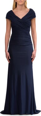 La Femme Off the Shoulder Ruched Net Jersey Evening Dress