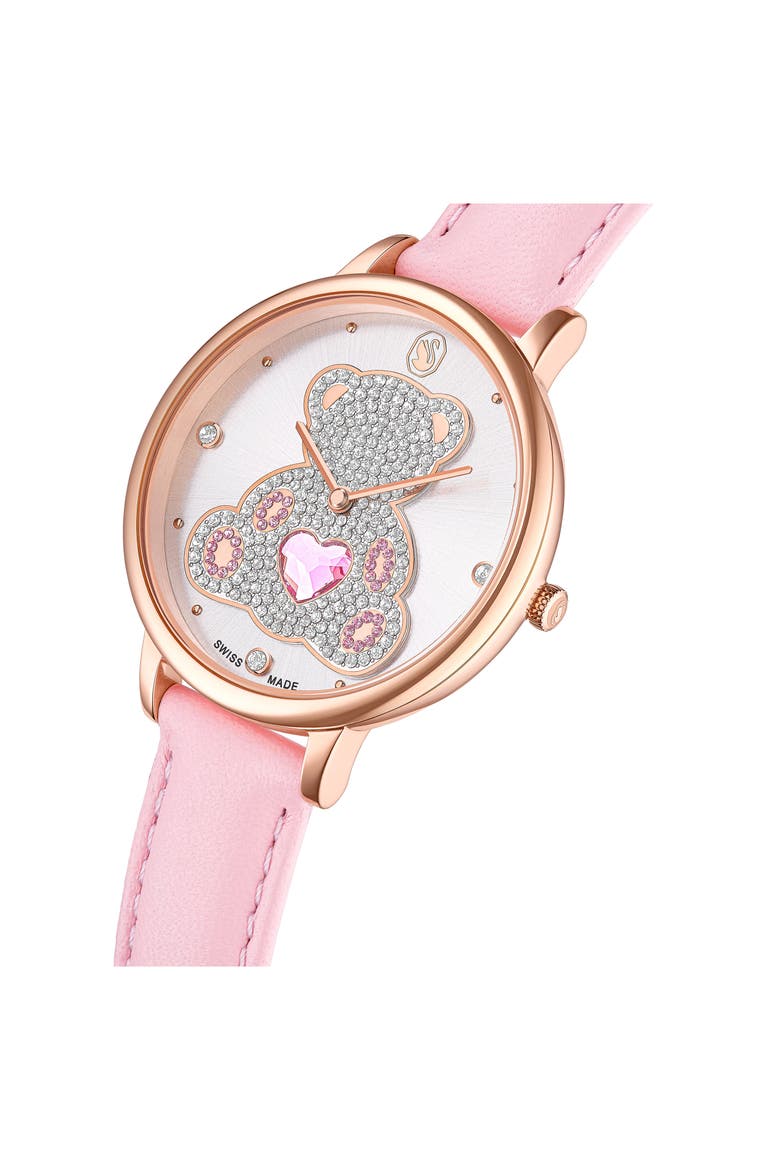 Crystal Teddy Leather Strap Watch, 35mm, Alternate, color, WHITE/ PINK