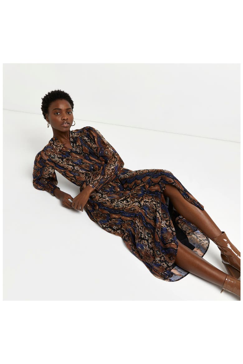 Snakeskin Print Tiered Long Sleeve Midi Dress, Alternate, color, BROWN