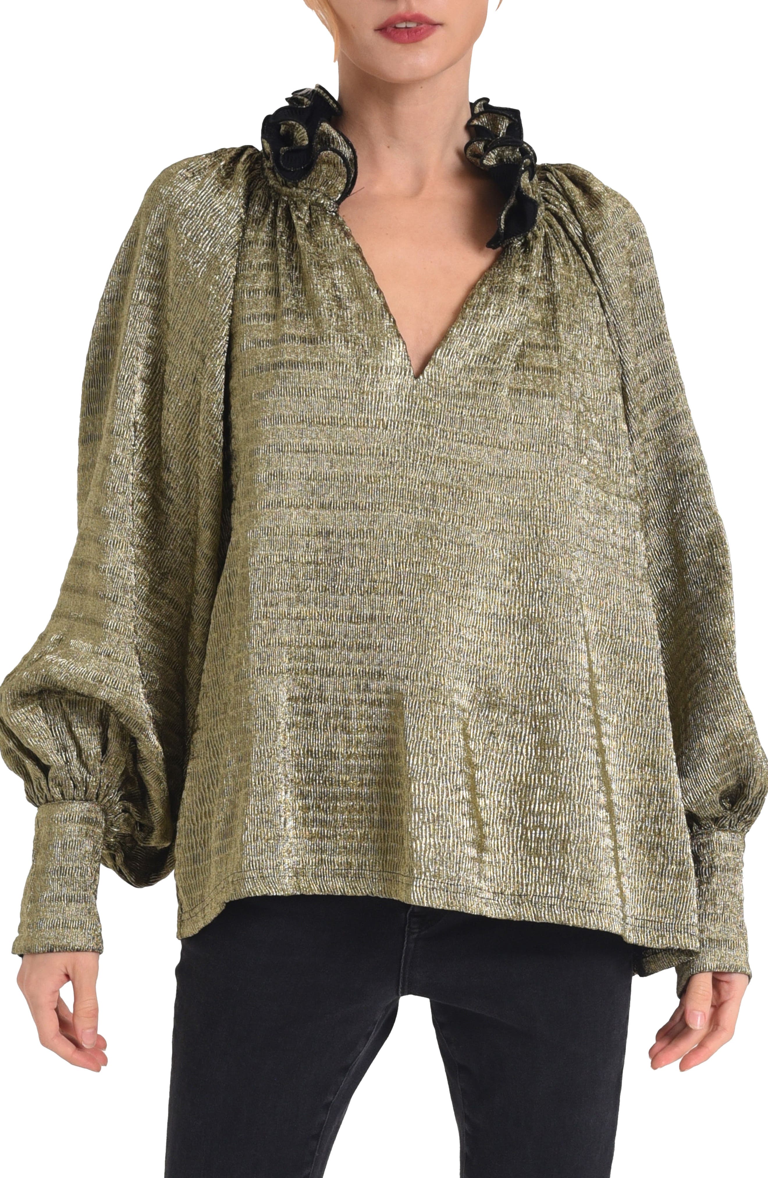 CIEBON Frida Metallic Ruffle Collar Trapeze Top