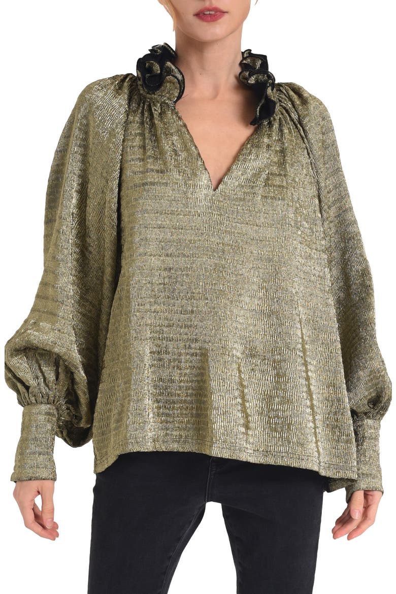 Frida Metallic Ruffle Collar Trapeze Top, Main, color, GOLD