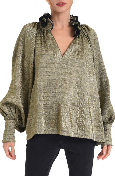 Frida Metallic Ruffle Collar Trapeze Top