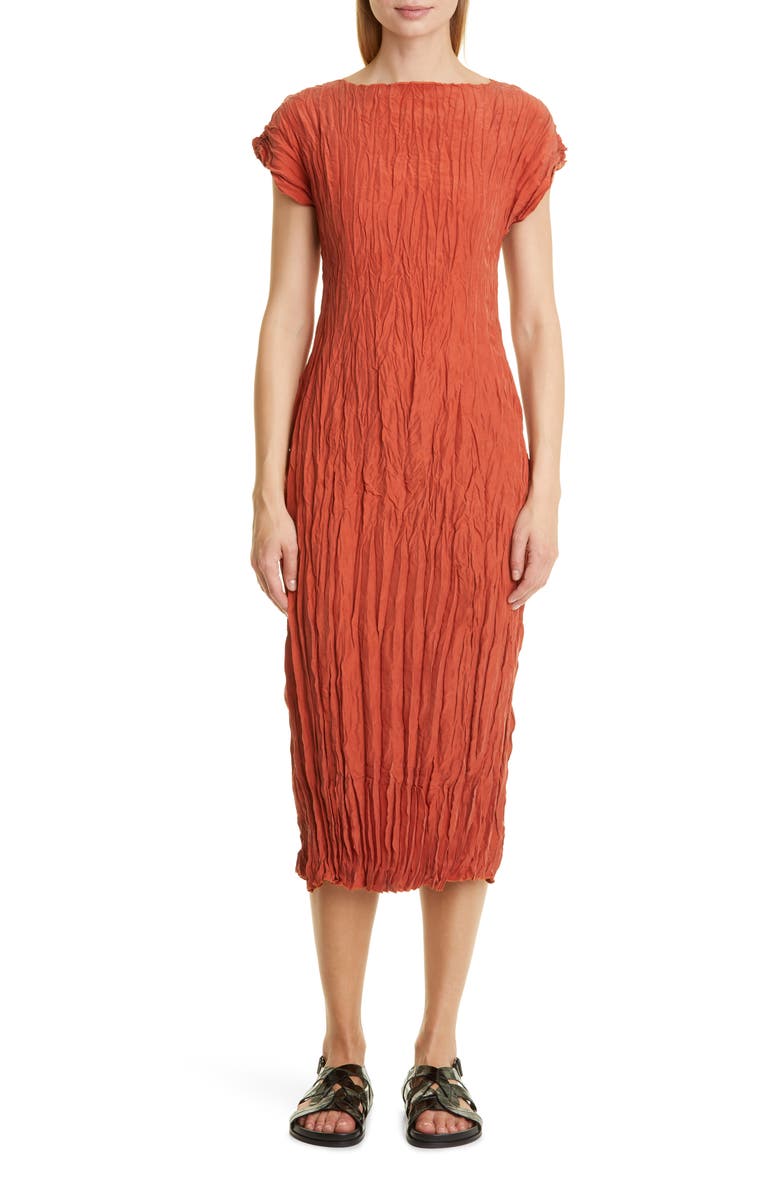TOTEME Crinkled Cap Sleeve Habutai Silk Midi Dress, Main, color, Bloody Mary