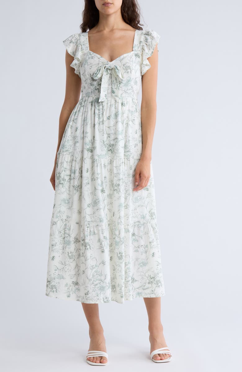 AUGUST SKY Smocked Bow Detail Midi Dress, Main, color, Sage Multi
