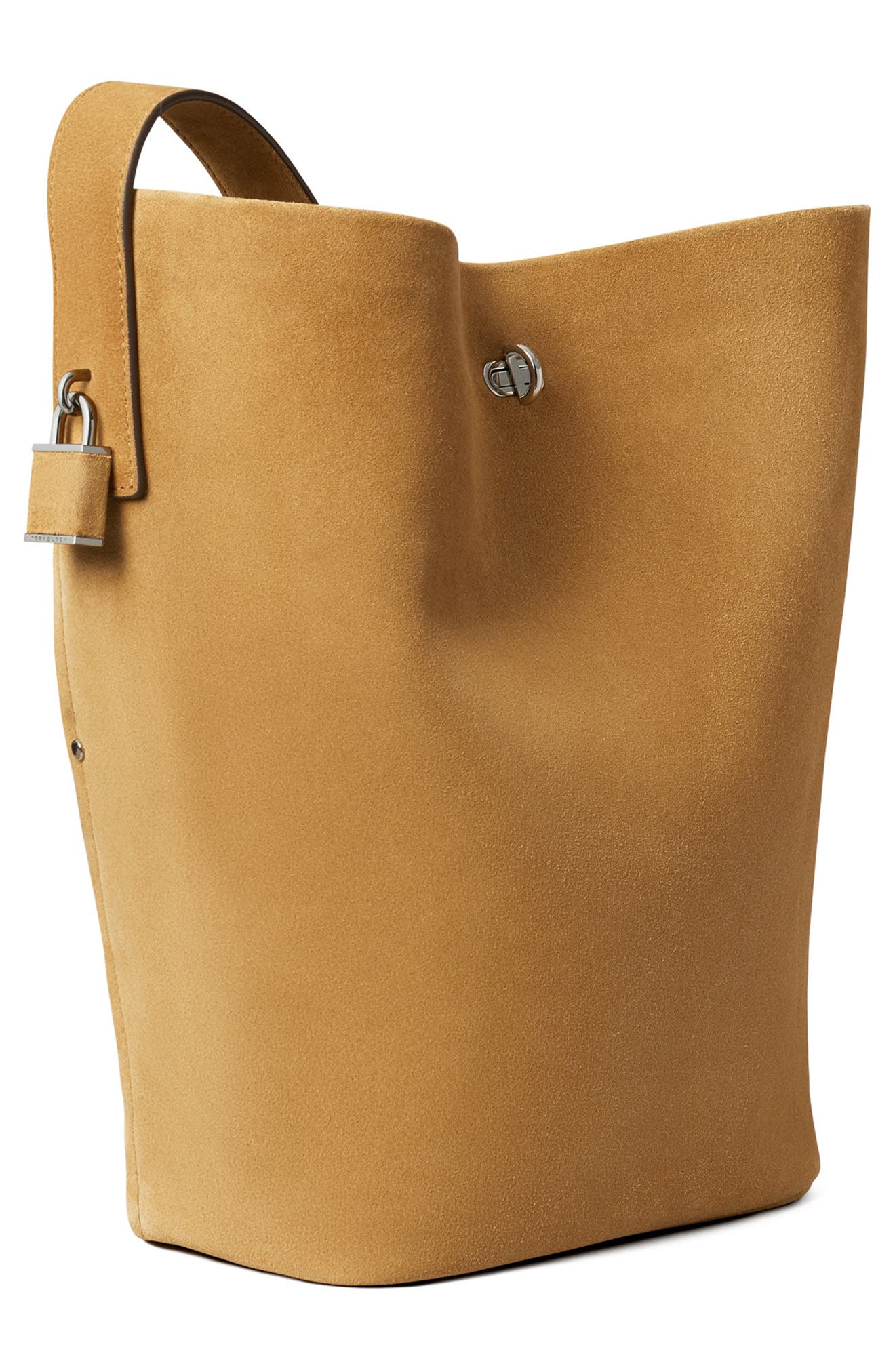 Tory Burch Slim Lock Suede Bucket Bag, Alternate, color, Toffee