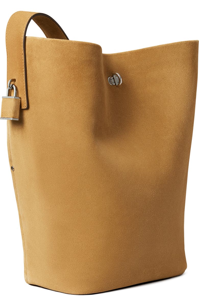 Tory Burch Slim Lock Suede Bucket Bag, Alternate, color, Toffee