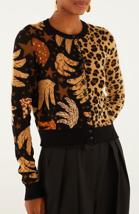 Banana Leopard Mix Print Jacquard Cardigan