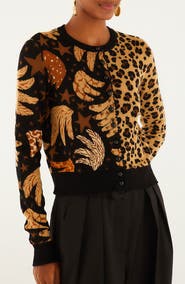 FARM Rio Banana Leopard Mix Print Jacquard Cardigan
