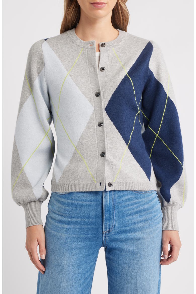 Argyle Balloon Sleeve Cardigan, Main, color, GREY MIST HEATHER MULTI
