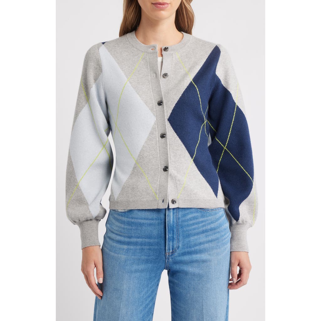 525 Argyle Balloon Sleeve Cardigan In Blue