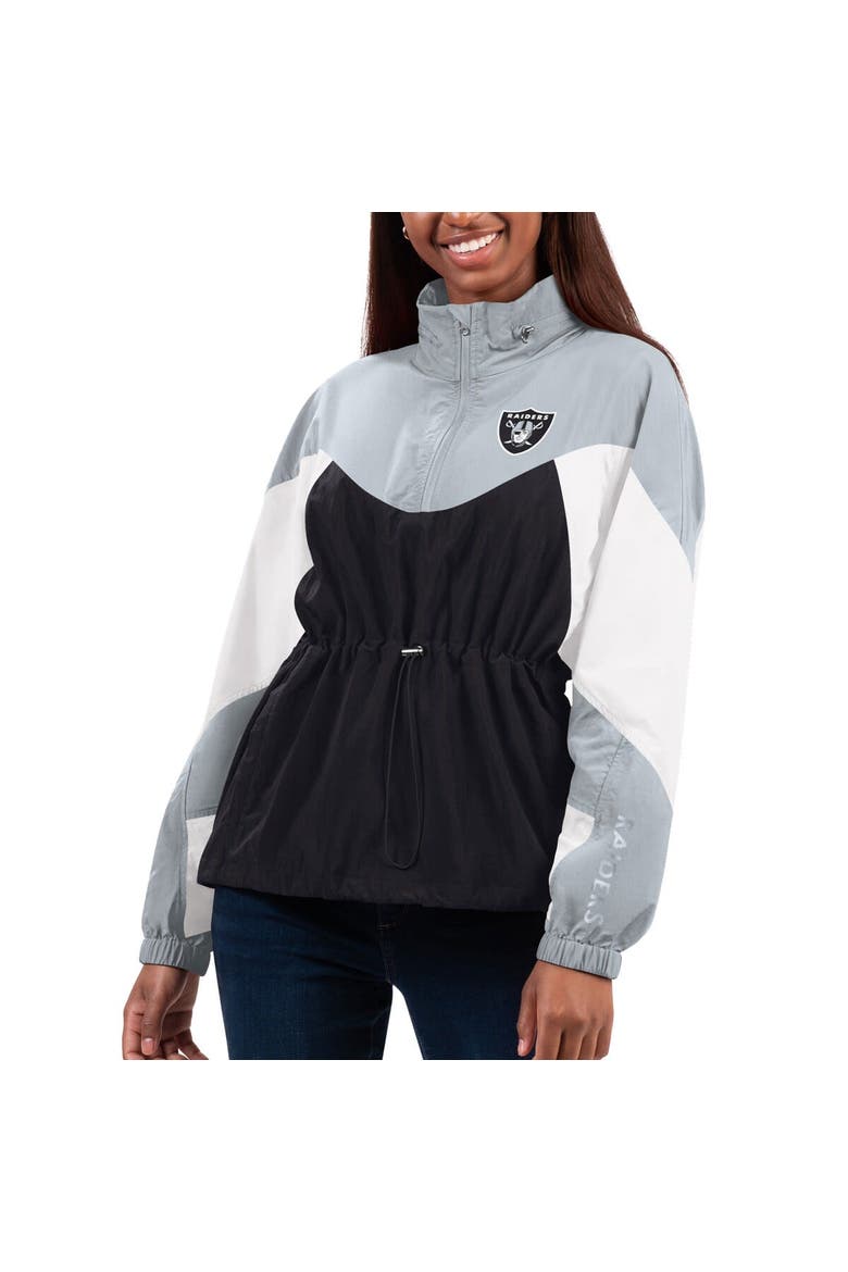 Women's G-III 4Her by Carl Banks Black/Silver Las Vegas Raiders Tie Breaker Lightweight Quarter-Zip Jacket, Main, color, Black