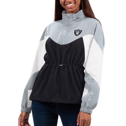 Women's G-III 4Her by Carl Banks Black/Silver Las Vegas Raiders Tie Breaker Lightweight Quarter-Zip Jacket