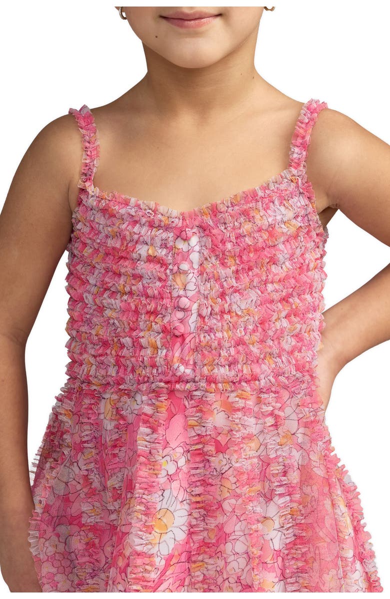 Mac Duggal Girls Mesh V-Neck Floral Print Mini Dress, Alternate, color, Pink Multi