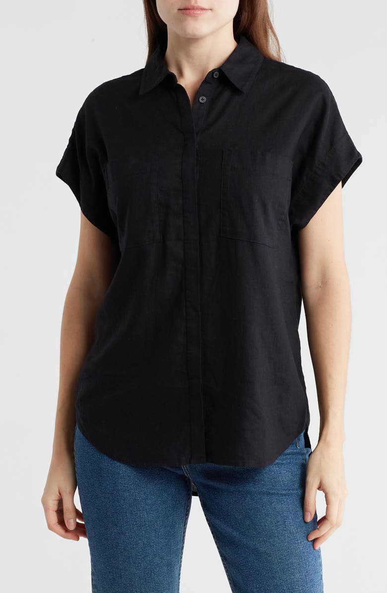 Caslon<sup>®</sup> Double Pocket Linen Blend Camp Shirt, Main, color, Black