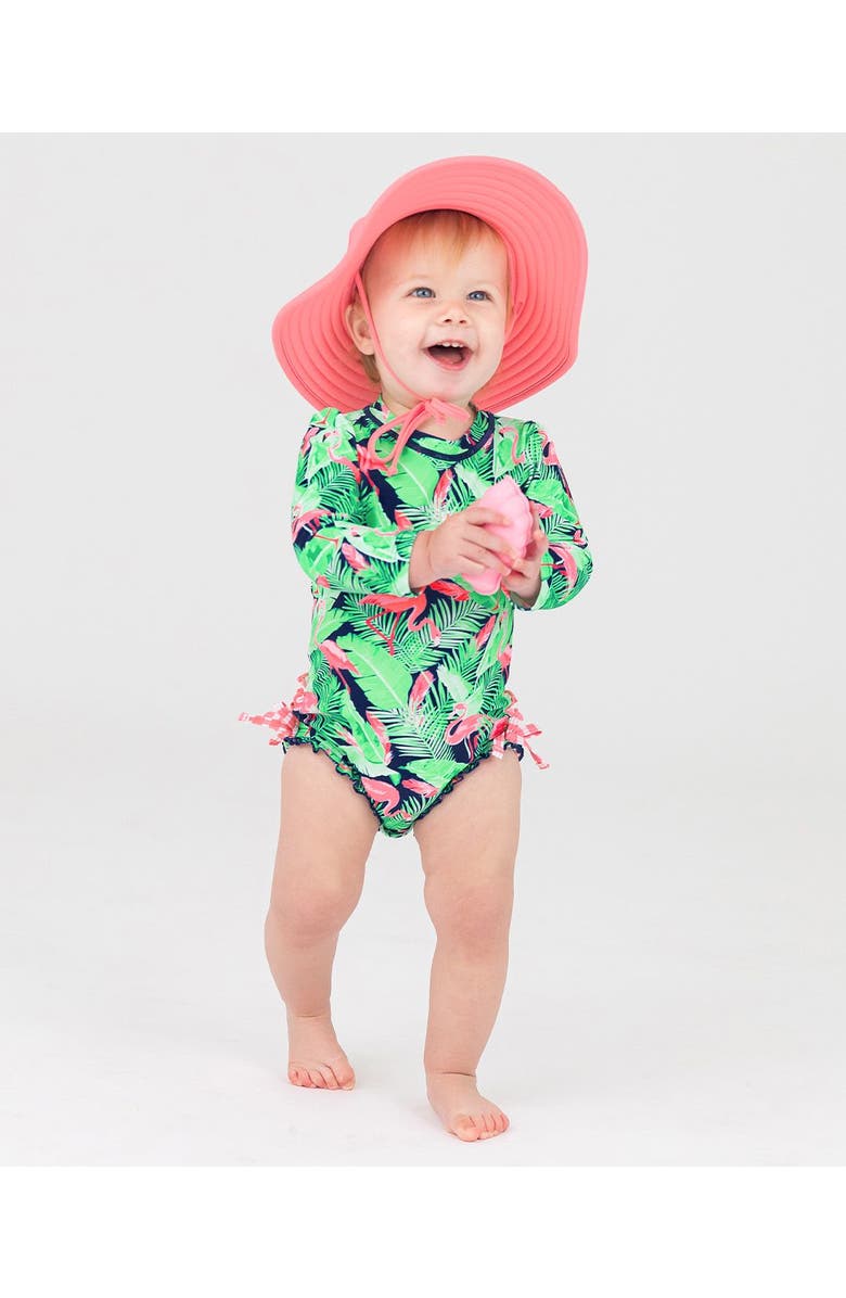 RuffleButts Long Sleeve UPF50 One Piece Rash Guard, Alternate, color, Flamingo Frenzy