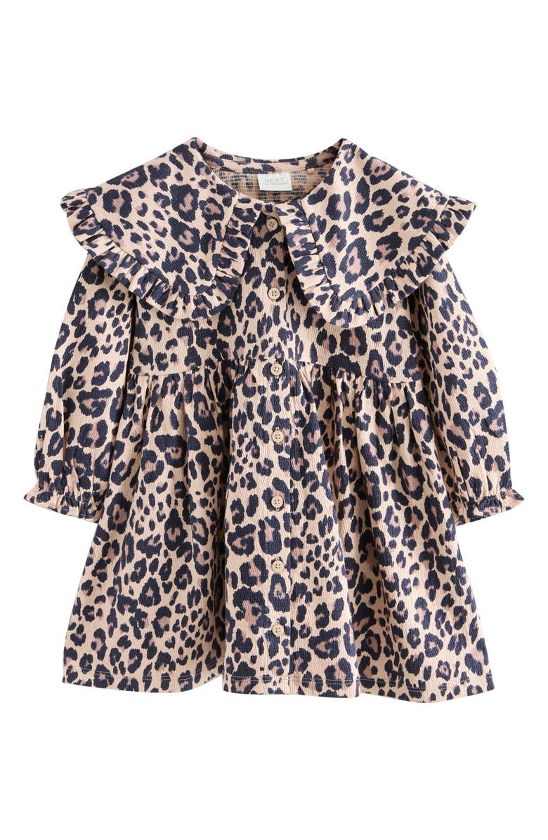 NEXT Kids' Ruffle Long Sleeve Cotton Blend Dress, Main, color, Multi Brown