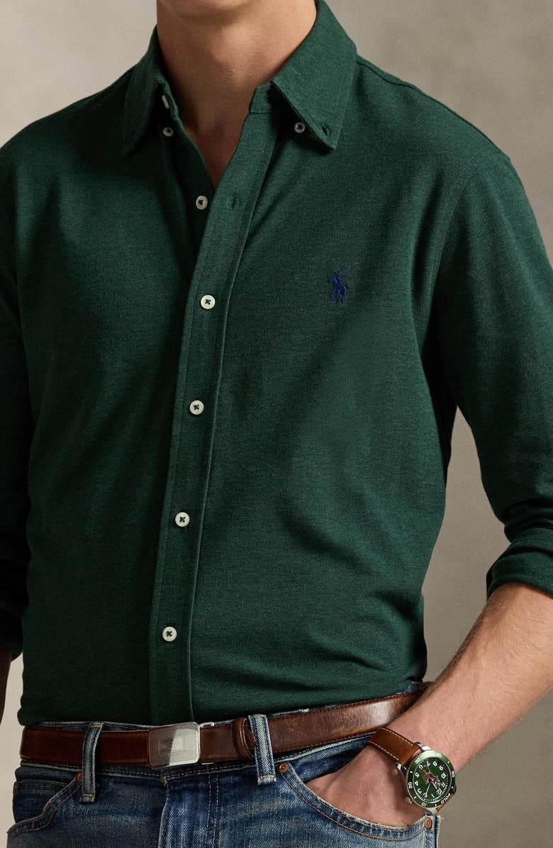 Polo Ralph Lauren Featherweight Stretch Cotton Piqué Button-Down Shirt, Alternate, color, Scotch Pine Heather