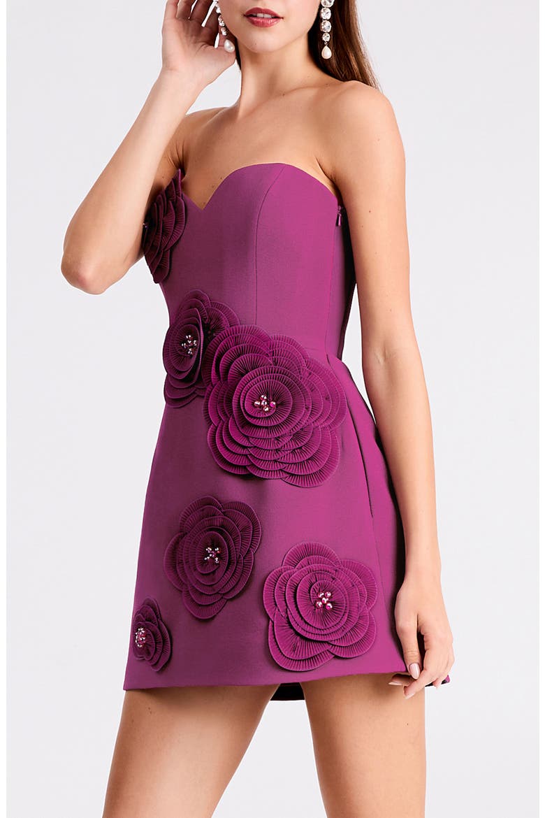 Gia Floral Appliqué Strapless Minidress, Alternate, color, BERRY