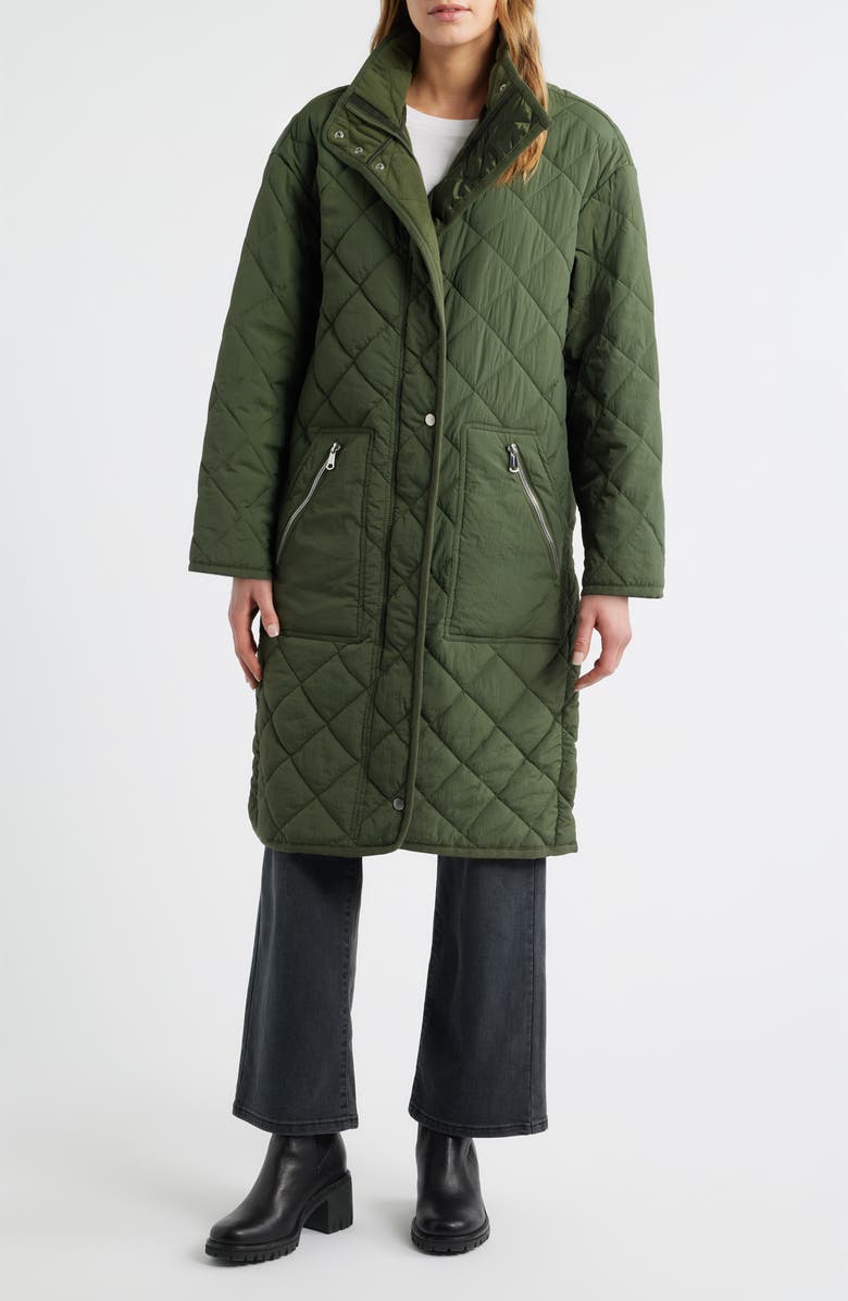 Bernardo Quilted Long Coat, Main, color, Olive