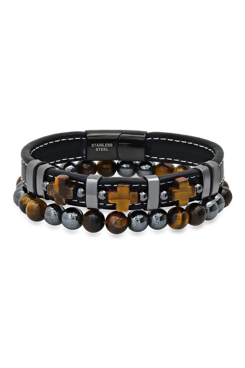 Men's 2-Piece Tiger's Eye Bead & Leather Bracelet Set, Main, color, BLACK/GUNMETAL/BROWN