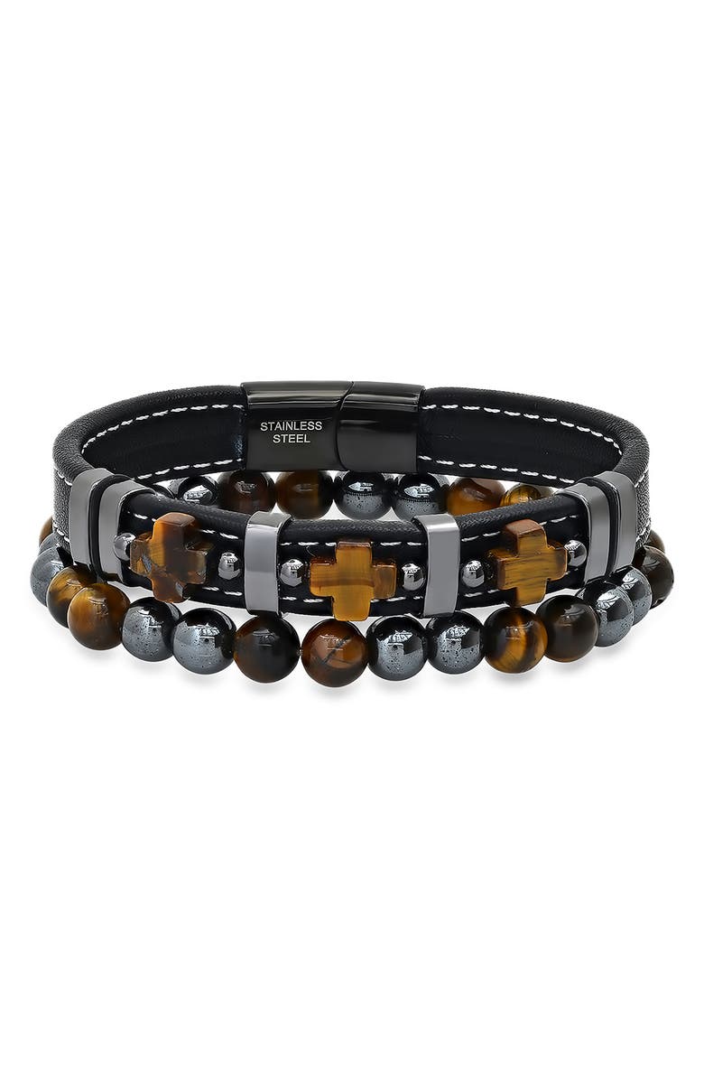 HMY JEWELRY Men's 2-Piece Tiger's Eye Bead & Leather Bracelet Set, Main, color, 