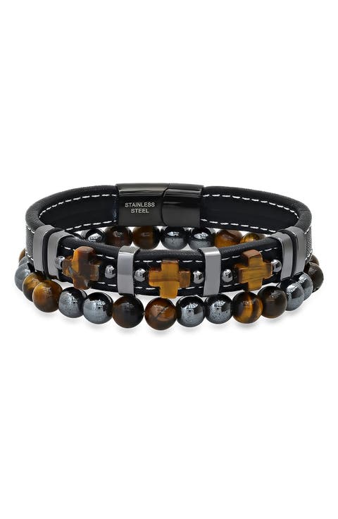 Men's 2-Piece Tiger's Eye Bead & Leather Bracelet Set