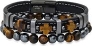 HMY JEWELRY Men's 2-Piece Tiger's Eye Bead & Leather Bracelet Set