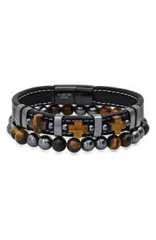 HMY JEWELRY Men's 2-Piece Tiger's Eye Bead & Leather Bracelet Set
