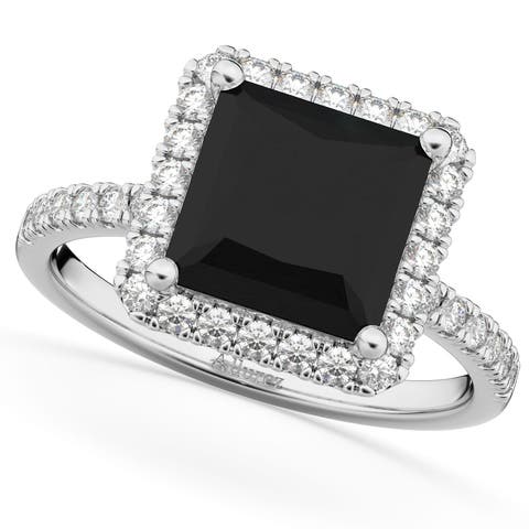 Princess Cut Halo Black Diamond Engagement Ring 14K