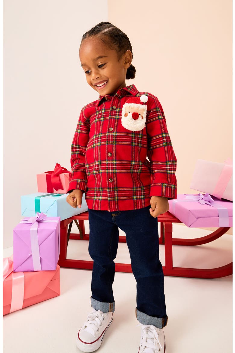 Kids' Santa Face Plaid Flannel Button-Up Shirt, Alternate, color, RED