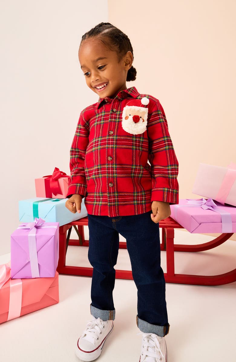 NEXT Kids' Santa Face Plaid Flannel Button-Up Shirt, Alternate, color, Red