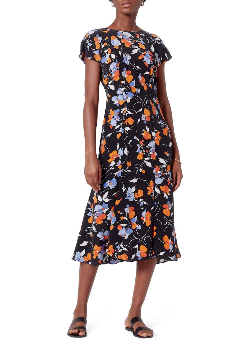 Haben Floral Silk Midi Dress, Main, color, CAVIAR