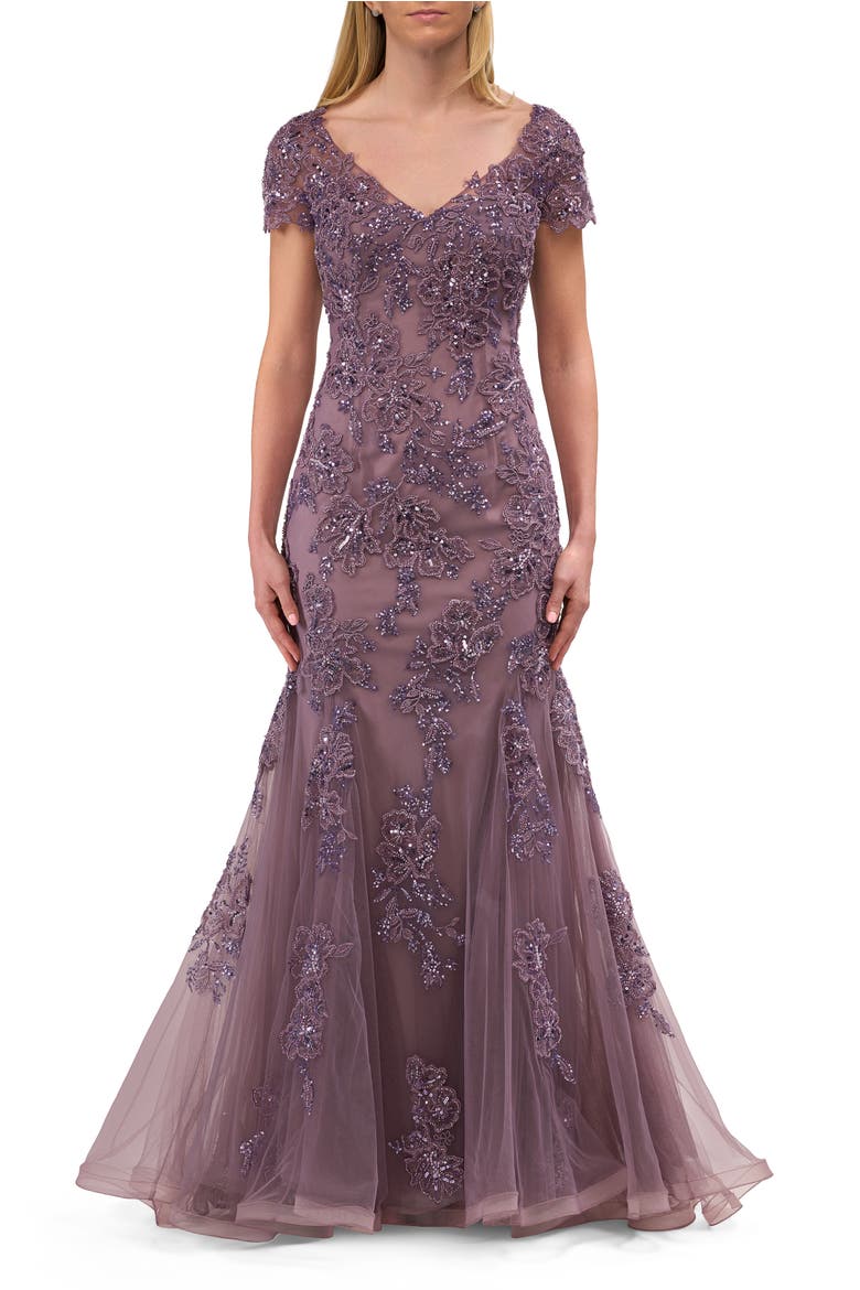 Trumpet Mother of the Bride Dress with Beaded Lace Applique, Main, color, Orchid