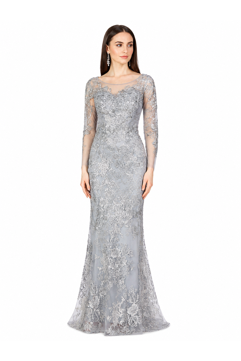 High Neck Long Sleeve Fitted Lace Gown, Alternate, color, Thistle