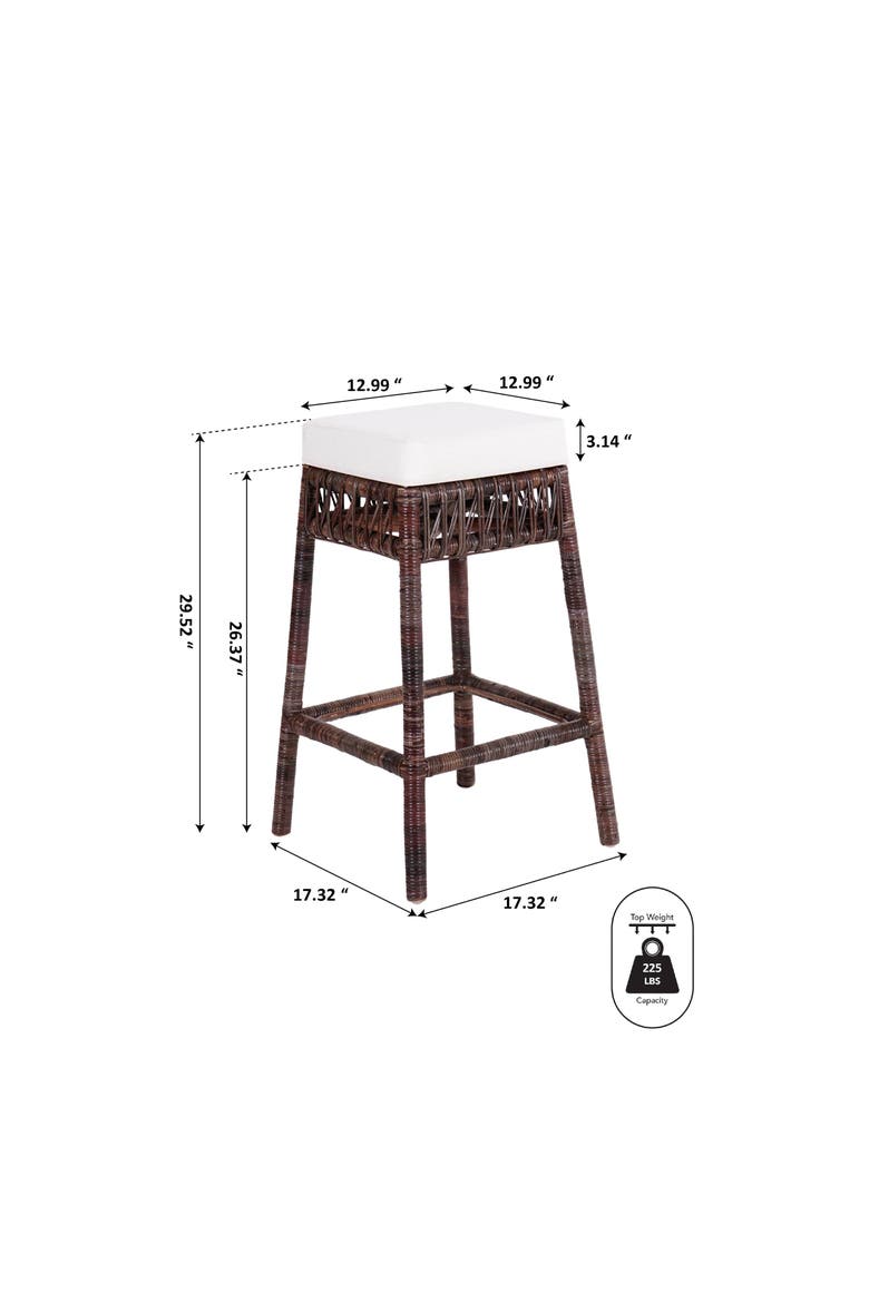 Bali Bohemian Woven Rattan Backless Counter Stool with Square Foam Cushion and Footrest for Kitchen Island or Home Bar, Alternate, color, Dark Brown (29.5" Bar Stool)