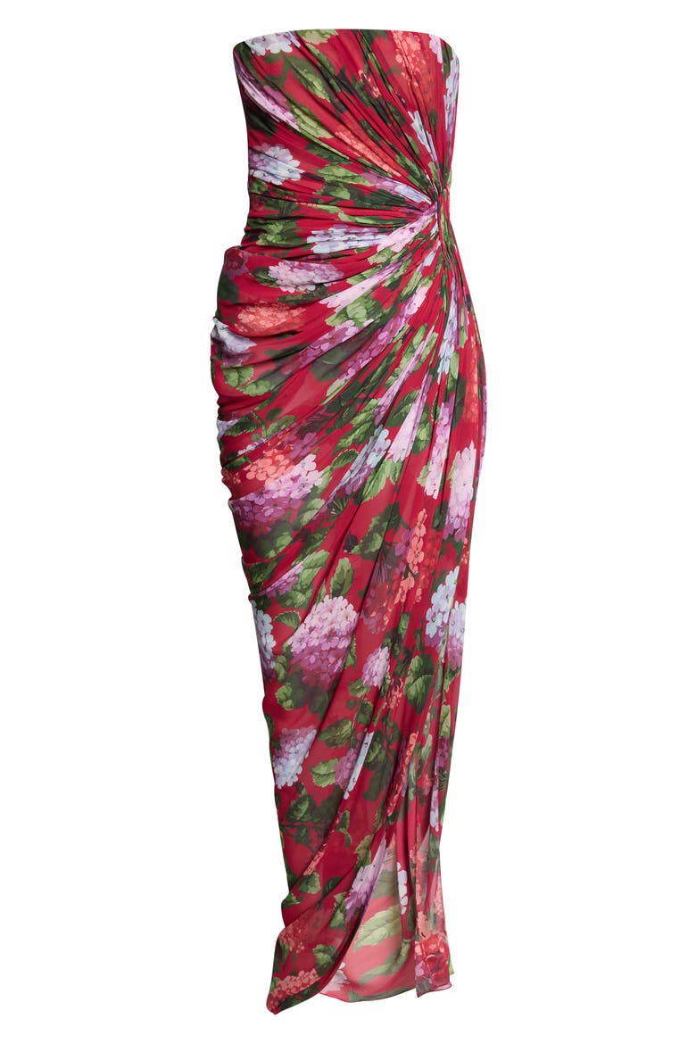 Hydrangea Print Strapless Ruched Silk Chiffon Gown, Alternate, color, CRANBERRY MULTI