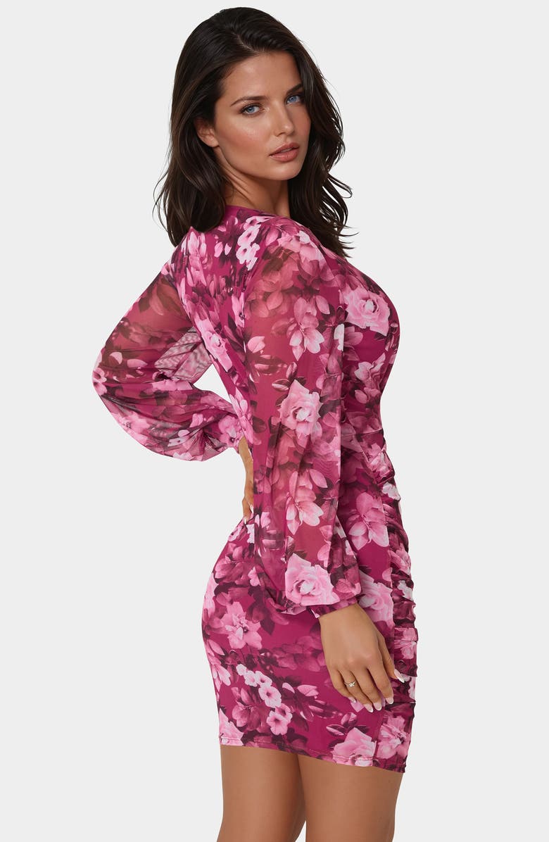 bebe Long Sleeve Ruched Faux Wrap Minidress, Alternate, color, Merlot