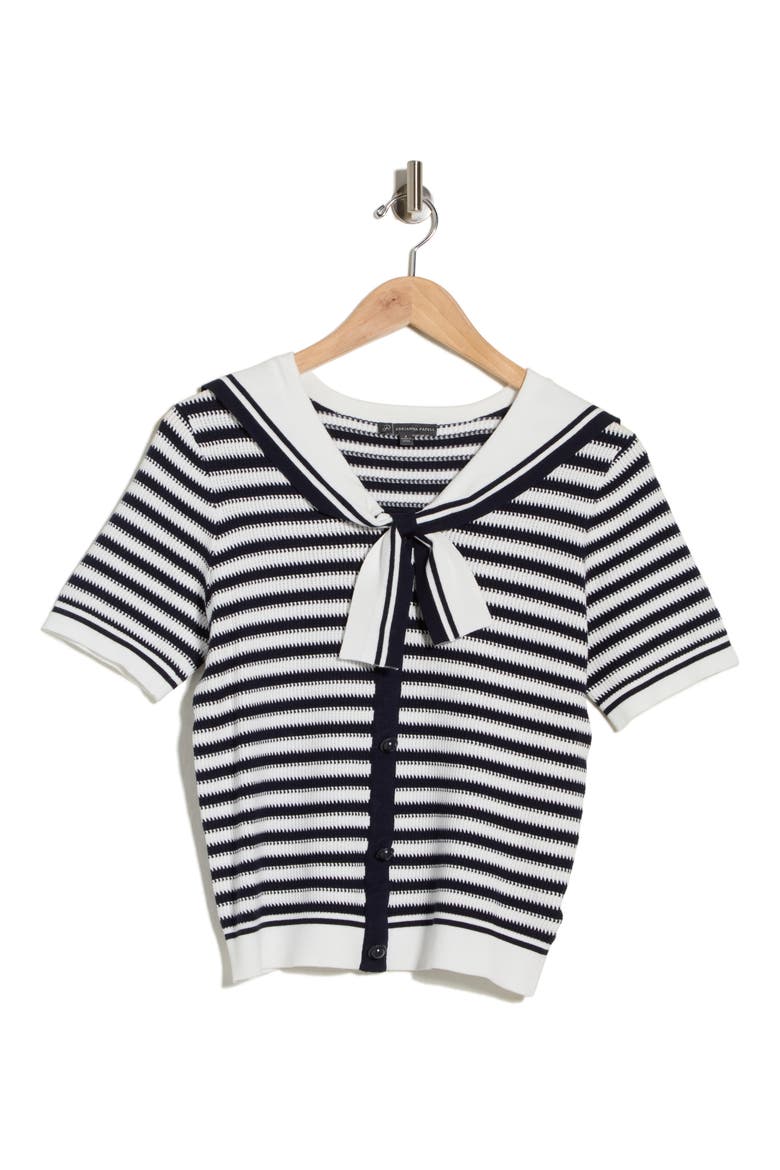 Stripe Shawl Collar Short Sleeve Sweater, Alternate, color, IVORY/ NAVY