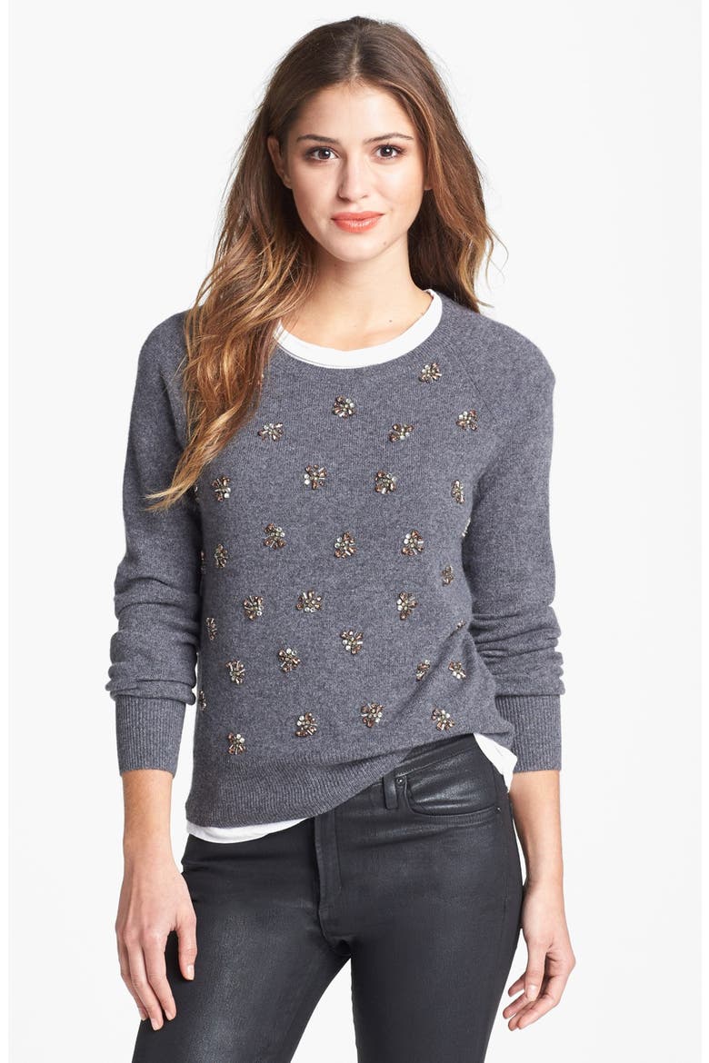Embellished Cashmere Sweater, Main, color, HEATHER CHARCOAL COMBO