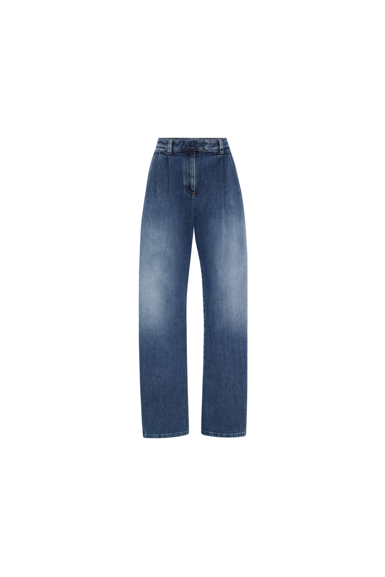 Comfort cotton denim loose curved trousers with monili, Alternate, color, Medium Denim