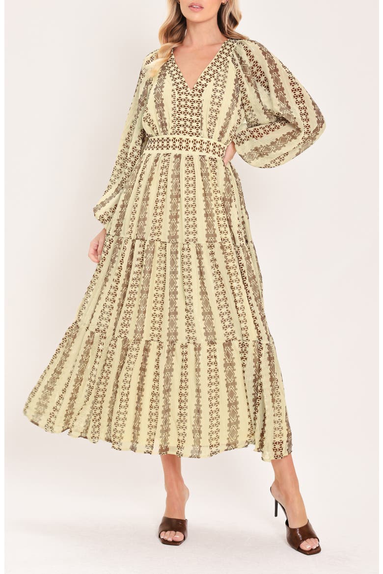 Print Tiered Midi Dress, Alternate, color, IVORY BROWN