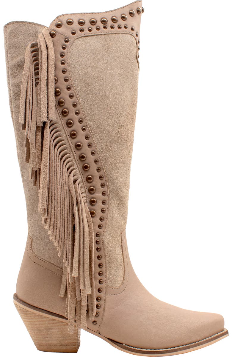 Volatile Palomino Fringe Knee High Western Boot, Alternate, color, Nude