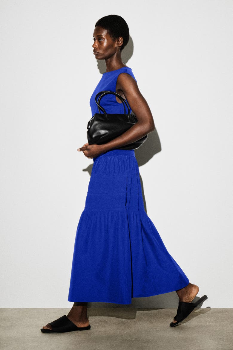 Tiered Gathered Midi Dress, Alternate, color, BLUE