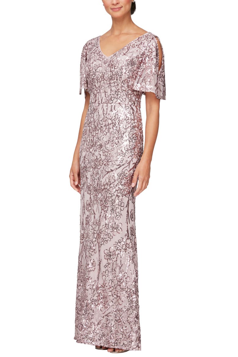 Sequin Lace Cold Shoulder Trumpet Evening Gown, Alternate, color, BLUSH