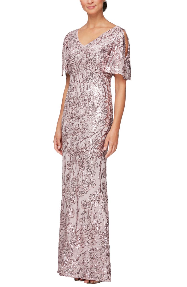 Alex Evenings Sequin Lace Cold Shoulder Trumpet Evening Gown, Alternate, color, Blush