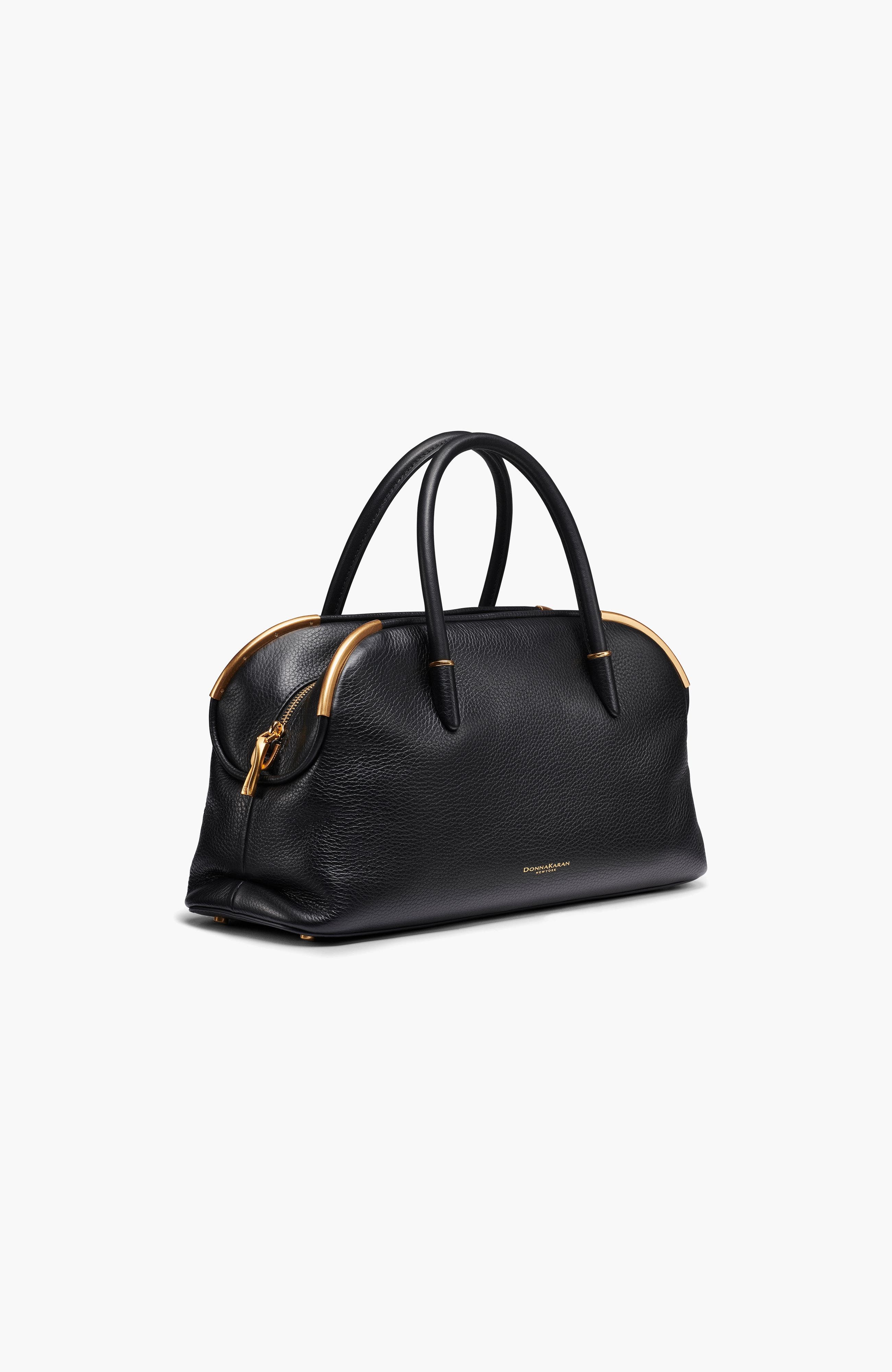 Donna Karan New York Satin Leather Satchel, Alternate, color, Black/Gold