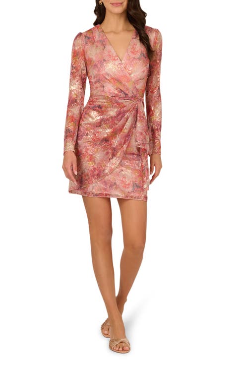 Print Metallic Crinkle Long Sleeve Dress