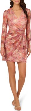 Adrianna Papell Print Metallic Crinkle Long Sleeve Dress