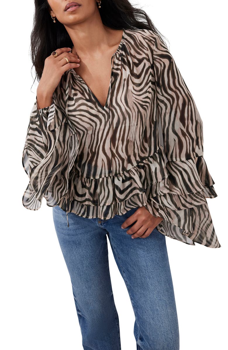 MINT VELVET Zebra Print Ruffle Top, Alternate, color, Black
